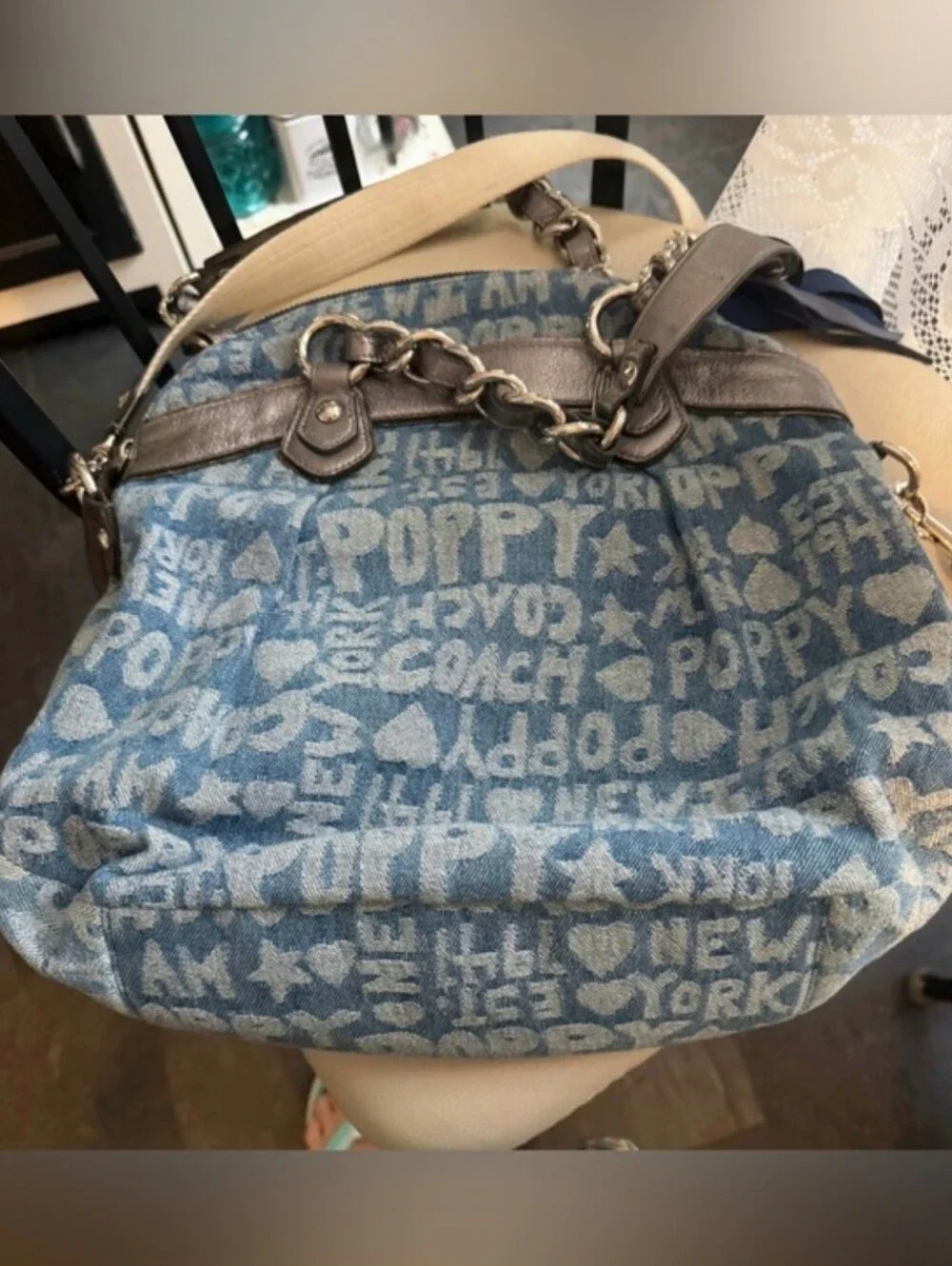 Coach Poppy Wordblock Denim Chain Shoulder Crossbody Tote Bag